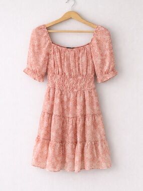Trixxi Pink Floral Smocked Mini Dress Size S Puff Sleeve Boho Tiered Cottagecore